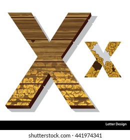 Vector of Thai Traditional pattern on Wooden alphabet letter with drop shadow on white background, Letter X