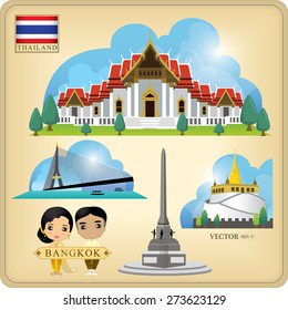 vector Thailand Bangkok architecture, Asia boy & girl in thai dress