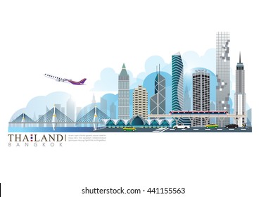 vector of Thailand, Bangkok city center of business office, Suvarnabhumi international airport, sky train, king rama 9 bridge 