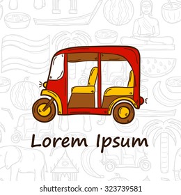 Vector Thailand concept in hand drawn style with car and seamless background