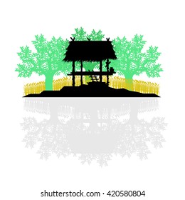 The vector of thailand cottage and rice field. tree.