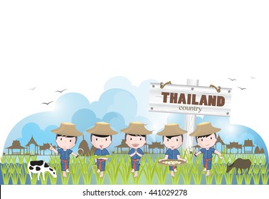 vector Thailand farmers plants rice in the paddy field together