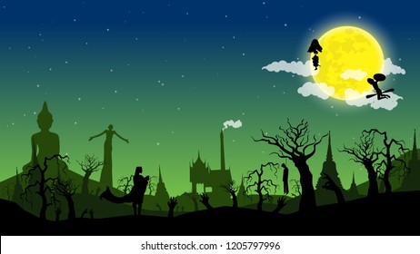 Vector Thailand Graveyard Landscape and Thai Ghost and Buddha statue. Halloween Flat Design