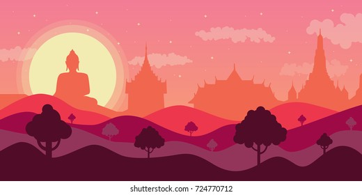 Vector Thailand Landscape And Thai Temple And Buddha Statue. Flat Design