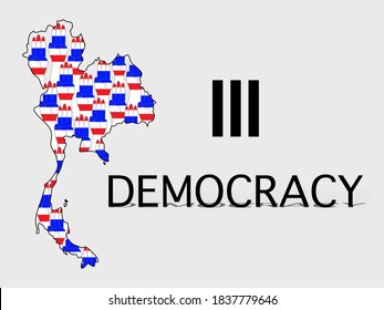 Vector -Thailand map with protestor hand sign three finger and wording DEMOCRACY. Protest, Anti concept.