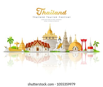 Vector Thailand tourism festival building landmark isolated on white background, illustration