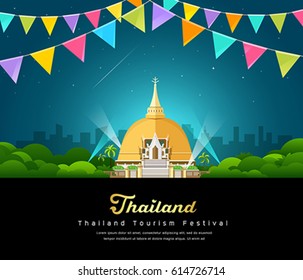 Vector thailand tourist landmark worshipers on important buddhist, at night background, illustration