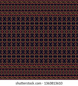 Vector Thailand tradition silk of nothern color dark blue and pattern yellow with red