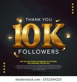 Vector thank you for 10K social media followers with gold confetti and yellow background