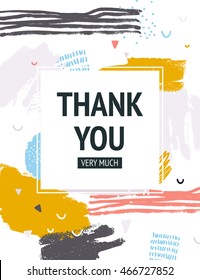 Vector Thank you card with Abstract background, hand drawn textures, memphis style. Universal template, pastel colors. Retro design, fashion art