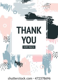 Vector Thank you card with Abstract background, hand drawn textures, memphis style. Universal template, pastel colors. Retro design, fashion art