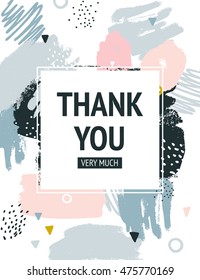 Vector Thank you card with Abstract background, hand drawn textures, memphis style. Universal template, pastel colors. Retro design, fashion art