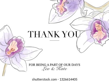 Vector Thank you card. Beuatiful orchids in violet orange colors with text. Hand drawn watecolor illustration. Modern invitation, stationery card