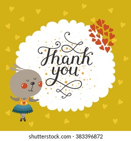 Vector thank you card with cute rabbit and lettering. Greeting card with baby animal in love. Kids frame, animal card