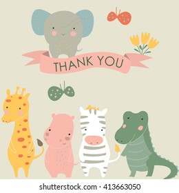 Vector 'Thank you' card with cute elephant, giraffe, hippo, zebra, alligator,  flowers and butterflies in cartoon style