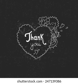 Vector thank you card hand drawn with heart, bird and flower on retro texture background