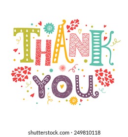 Vector Thank you card with hand drawn lettering with flower decorative elements isolated on white background