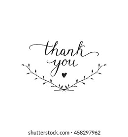 Vector Thank you card with hand drawn branches, heart and letters. Black and white illustration