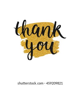 Vector Thank you card, handdrawn font, brushstroke with gold glitter. Shine thanks illustration isolated on white background
