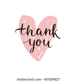 Vector Thank you card, handdrawn font on ink heart. Thanks illustration with modern lettering isolated on white background