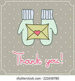 vector thank you card with mittens and a letter on a light background