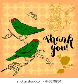 Vector 'Thank you' card with two exotic green birds, sitting on tree branch, with golden roses in background, butterflies flying around, on old paper texture with dotted pattern and splashes of paint