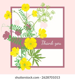 
Vector thank you card with a variety of wild flowers. Floral background, greeting card.