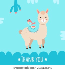 Vector thank you cards. Posters with cute alpaca and a bird on my back. Llama on blue  backgrounds with  cactus