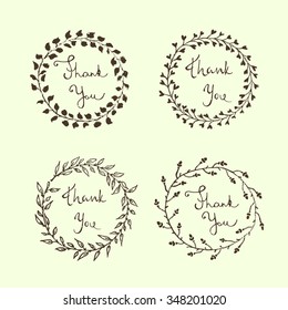 Vector thank you graphics. Hand drawn set of floral wreath with hand written inscription made with stamp effect. Beautiful design elements.