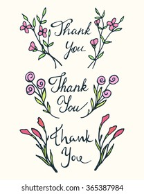 Vector thank you graphics. Hand drawn set of floral laurel with hand written inscription. Beautiful design elements.