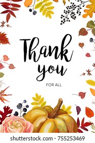 Vector thank you greeting card, postcard design with Autumn seasonal orange Pumpkin, colorful forest tree fall leaves, rose flower, berry herbs. Decorative watercolor style bright nature cute pattern
