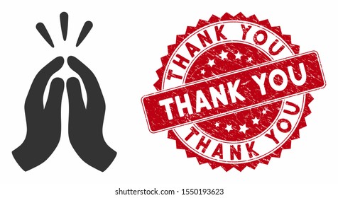 Vector thank you icon and rubber round stamp seal with Thank You caption. Flat thank you icon is isolated on a white background. Thank You stamp seal uses red color and grunged texture.