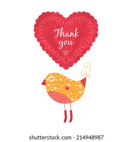Vector thank you note with birds, label and heart
