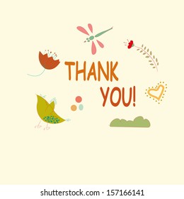 Vector Thank you script greeting card with cute floral elements. 
