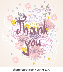 Vector Thank you script greeting card with flowers.