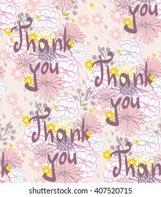 Vector Thank you script seamless pattern with flowers.