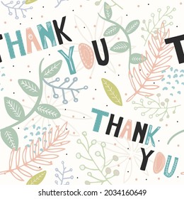 Vector of thank you text, in green, pink and black with leaves and dots on white background. greetings card with message, design template concept digitally generated image.