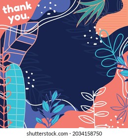 Vector of thank you text, in white on over colourful plant foliage and dark background. greetings card with message, design template concept digitally generated image.
