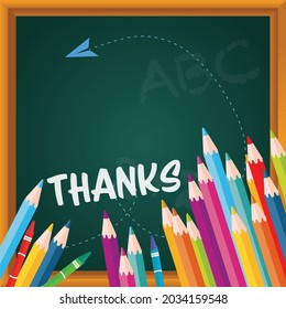 Vector of thank you text, in white, with coloured pencils and paper plane over chalkboard. greetings card with message, design template concept digitally generated image.