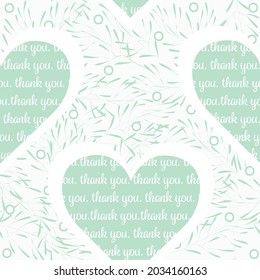 Vector of thank you text, in white on green hearts, with green marks on white background. greetings card with message, design template concept digitally generated image.