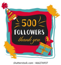The vector thanks card for network friends with colorful bubbles. Thank you 500 followers colored numbers.  follow gratitude number