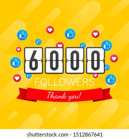 Vector thanks design template for network friends and followers. Thank you 6000 followers card. Image for Social Networks. Vector illustration.