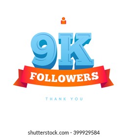 Vector thanks design template for network friends and followers. Thank you 9000 followers card. Image for Social Networks. Web user celebrates a large number of subscribers or followers.