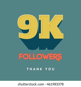 Vector thanks design template for network friends and followers. Thank you 9000 followers card. Image for Social Networks. Web user celebrates a large number of subscribers or followers.