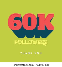 Vector thanks design template for network friends and followers. Thank you 60 000 followers card. Image for Social Networks. Web user celebrates a large number of subscribers or followers