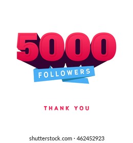 Vector thanks design template for network friends and followers. Thank you 5000 followers card. Image for Social Networks. Web user celebrates a large number of subscribers or followers.