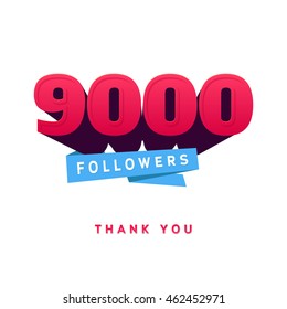 Vector thanks design template for network friends and followers. Thank you 9000 followers card. Image for Social Networks. Web user celebrates a large number of subscribers or followers.