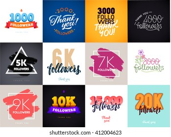 Vector Thanks Design Template Set for Network Friends and Followers. Thank You Followers Card. Image for Social Networks. Web user celebrates large number of subscribers or followers.