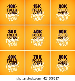 Vector Thanks Design Template Set for Network Friends and Followers. Thank You Followers Card. Image for Social Networks. Web user celebrates large number of subscribers or followers.