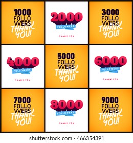 Vector Thanks Design Template Set for Network Friends and Followers. Thank You Followers Card. Image for Social Networks. Web user celebrates large number of subscribers or followers.